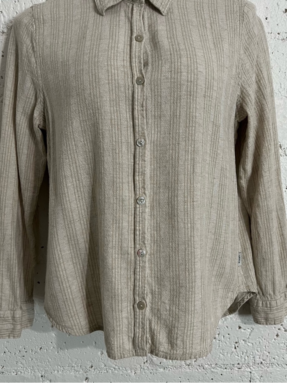 Orvis Womens Button Front Top S Tan Linen Rayon Blend Tab Sleeve Collared BT7 - Picture 3 of 8